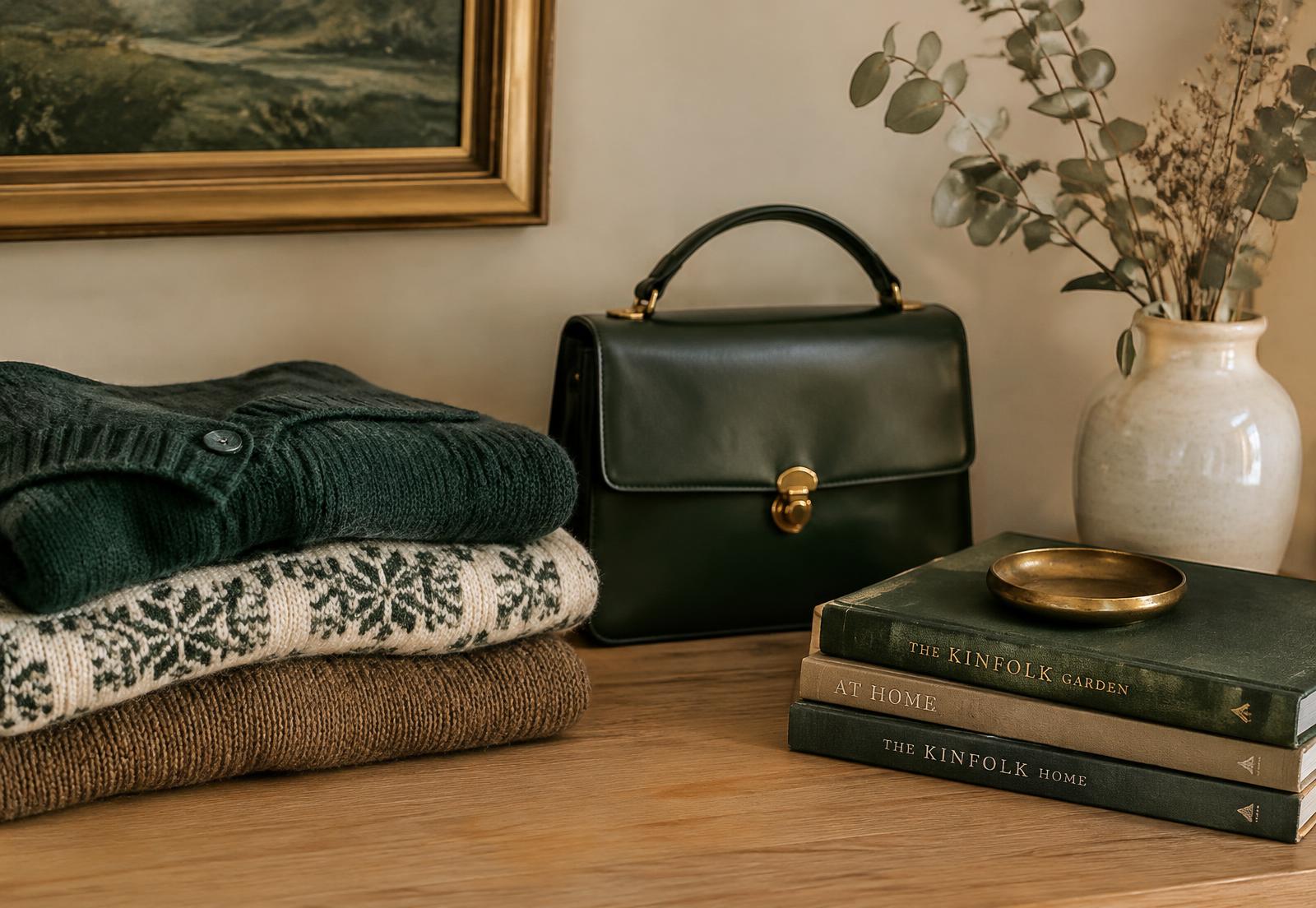 Gently used sweaters, a handbag and books on a wooden table